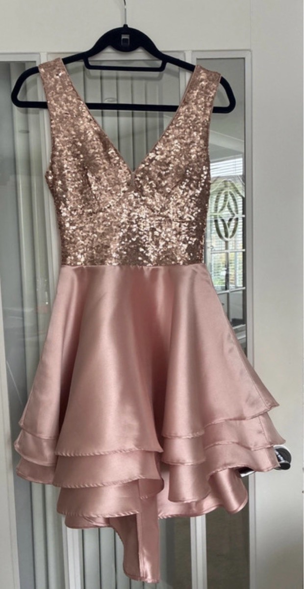 Rose gold sequin & satin tiered party dress — prom/formal