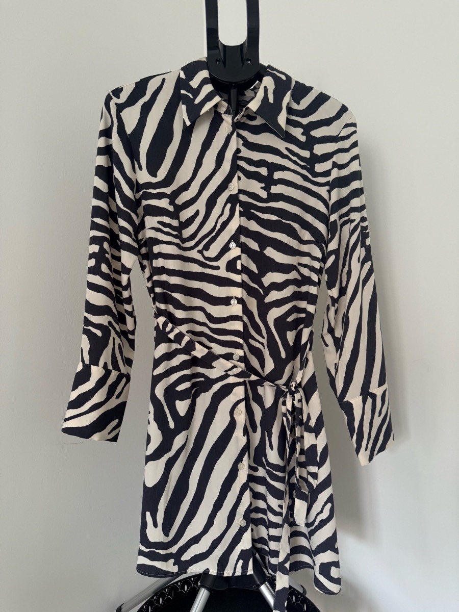 H&M Zebra Print Shirt Mini Dress Tie Waist Long Sleeve Size M