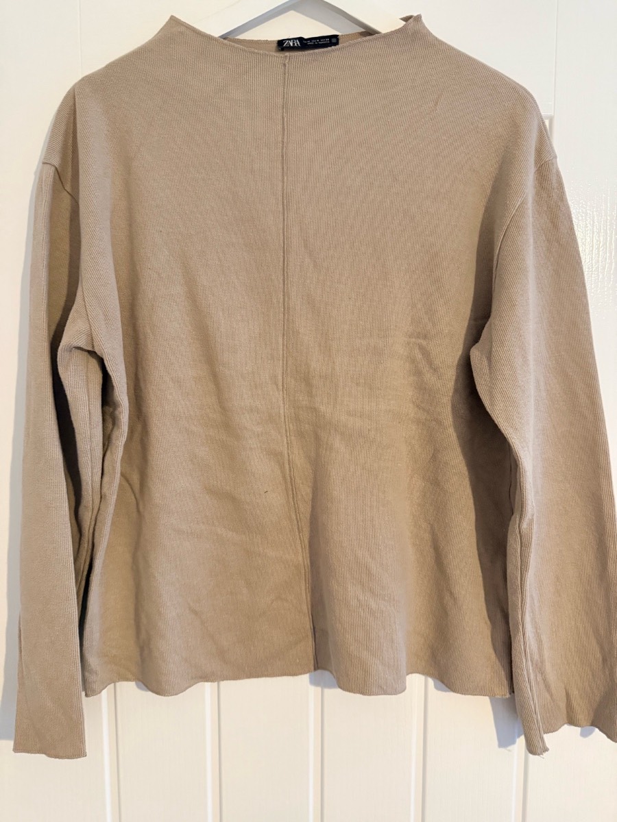 Zara ribbed knit jumper camel beige mock neck boxy fit
