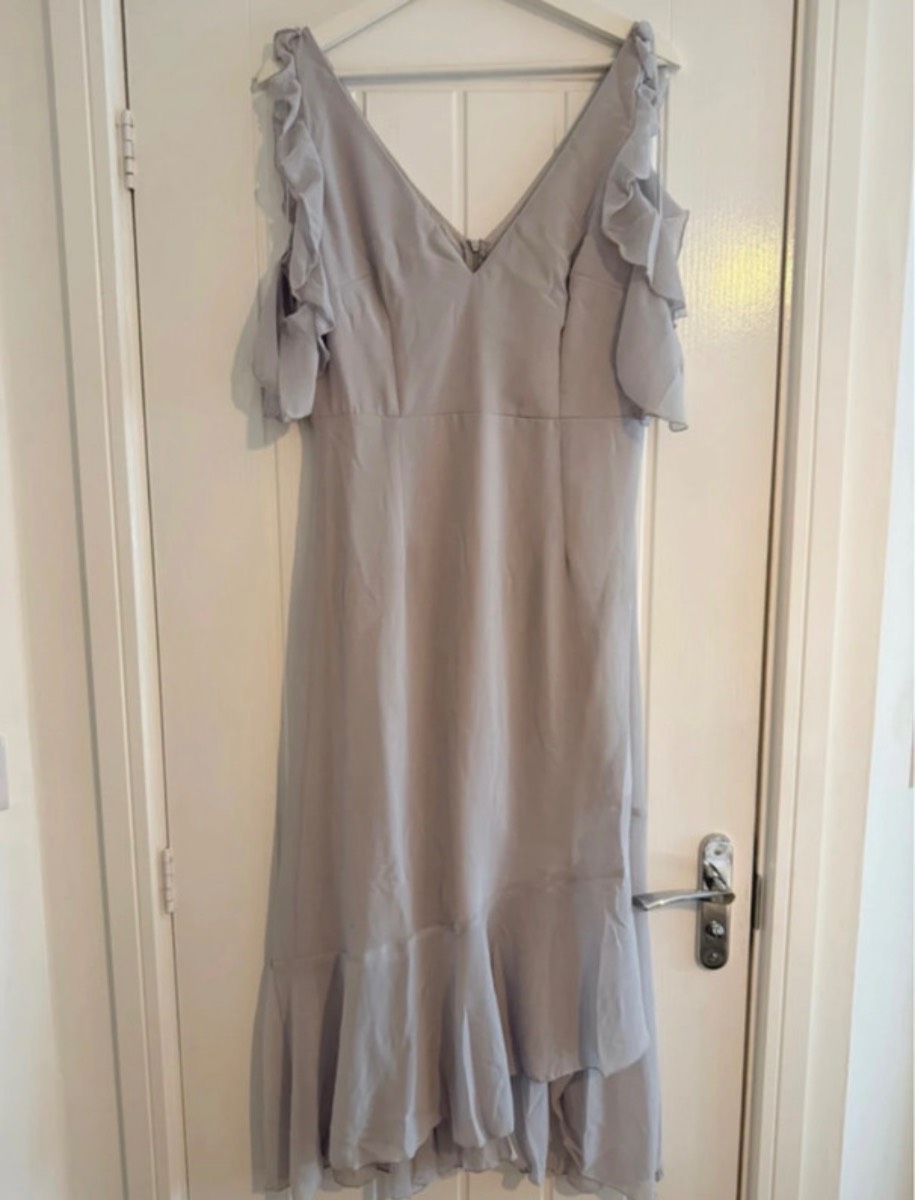 Little Mistress Grey Ruffle Cold Shoulder Midi Dress Size 12 NWT