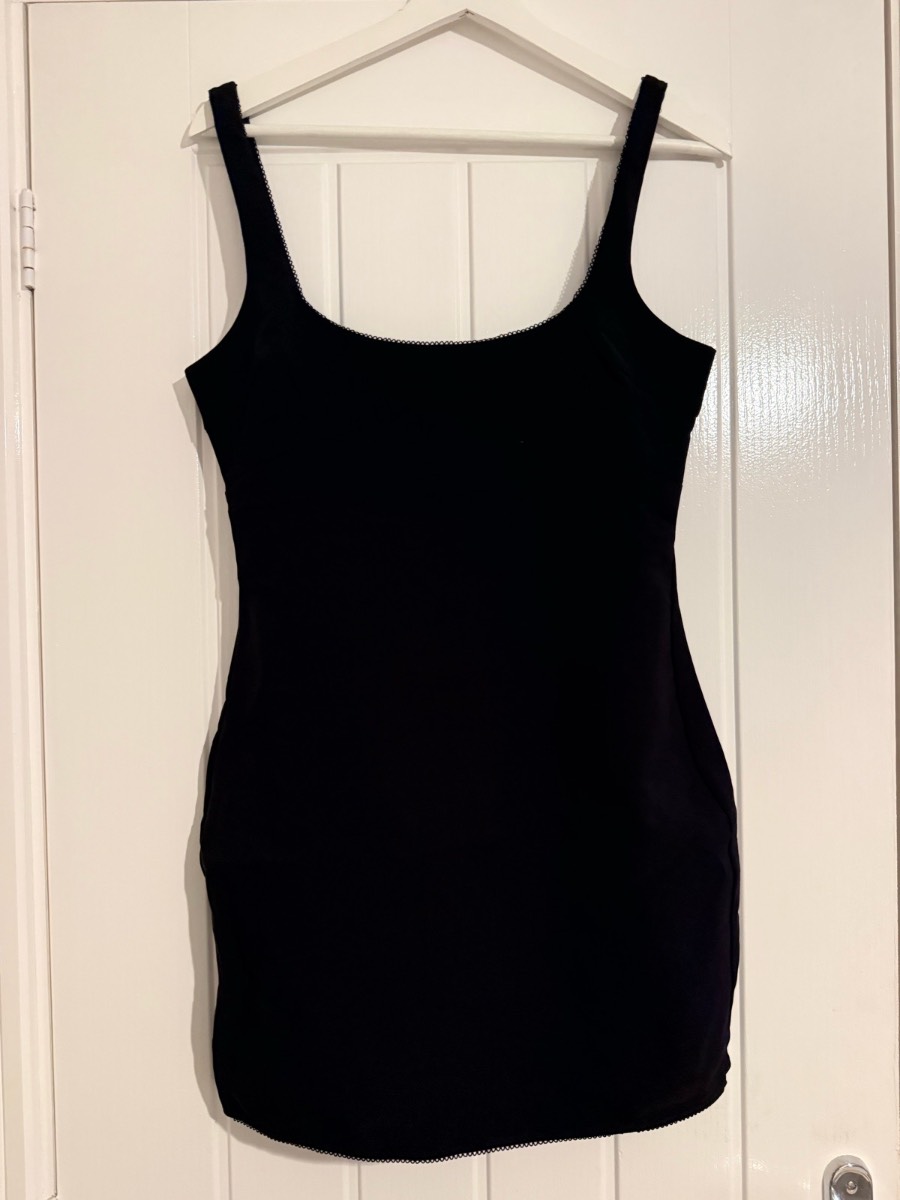 Black bodycon mini dress scoop neck strappy going out LBD