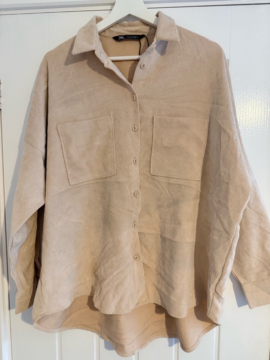 Zara Oversized Corduroy Shirt Beige Camel Dual Pocket Relaxed Fit