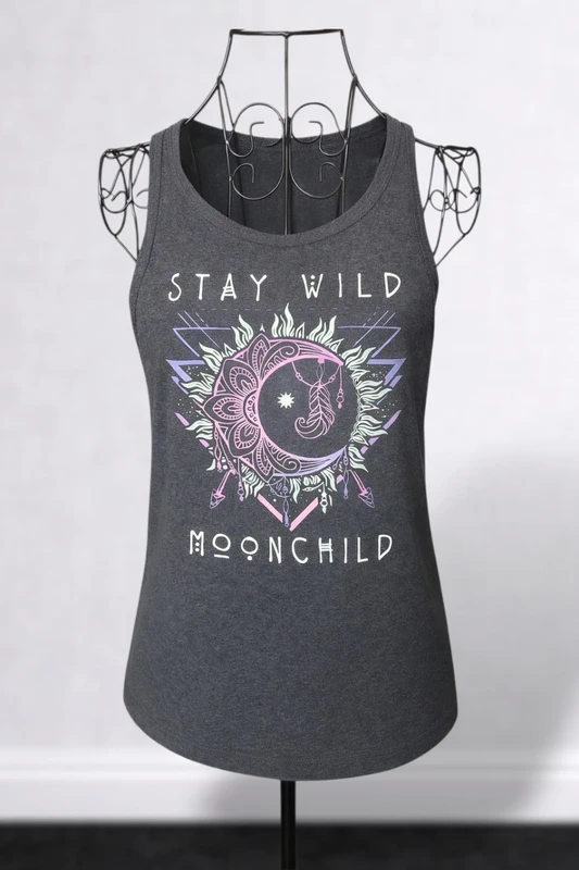 Stay Wild Moonchild Celestial Boho Graphic Charcoal Tank Top - Size Small