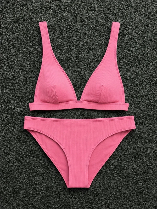 Primark Pink Ribbed Triangle Top Hipster Bottoms Bikini Set Swimwear - Size various 18