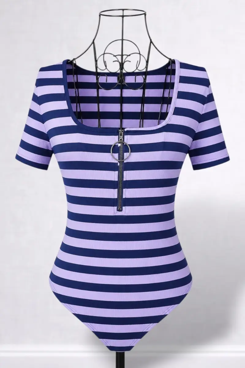 SHEIN Curve Bodysuit 1XL Plus Size Purple Navy Striped Ribbed Ring Zip Leotard
