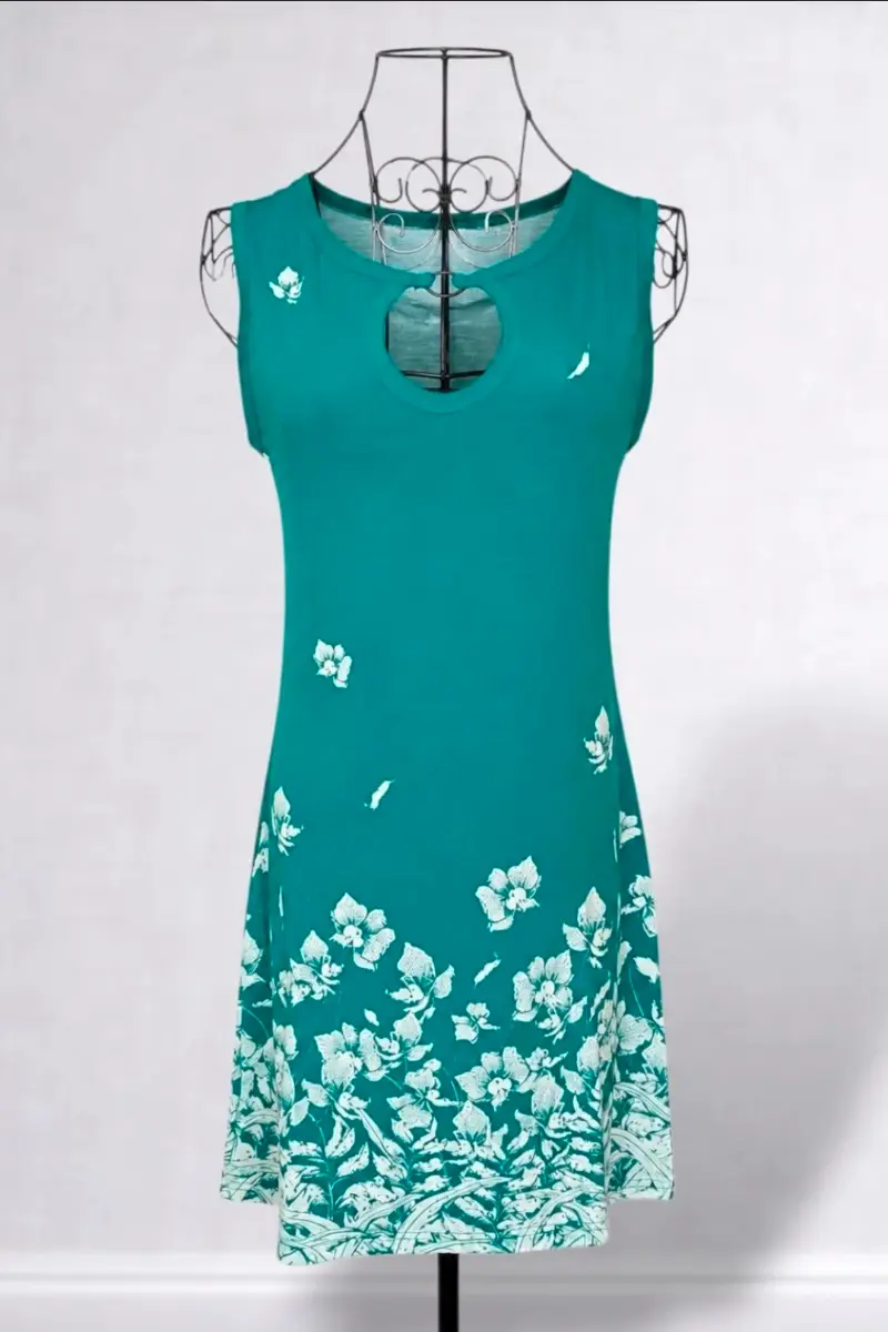 Green Floral Midi Dress S Small Sleeveless Keyhole Cutout Beach Summer Border Print