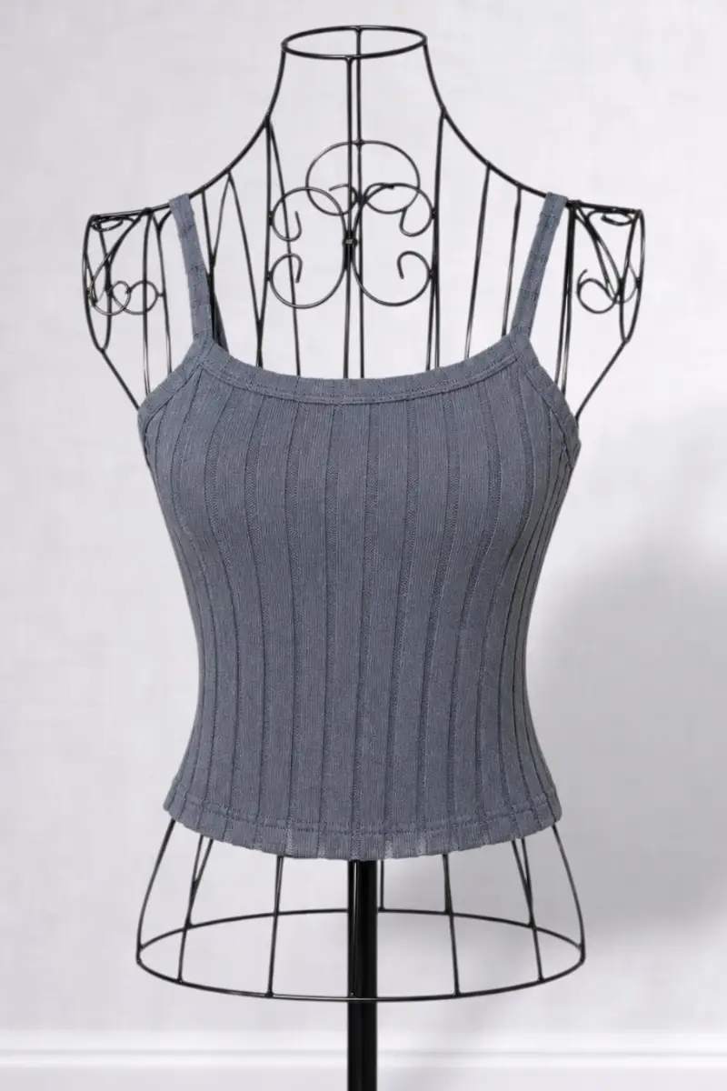 New Shein Blue Grey Ribbed Strappy Cami Vest Top Stretch Basic Casual Size M