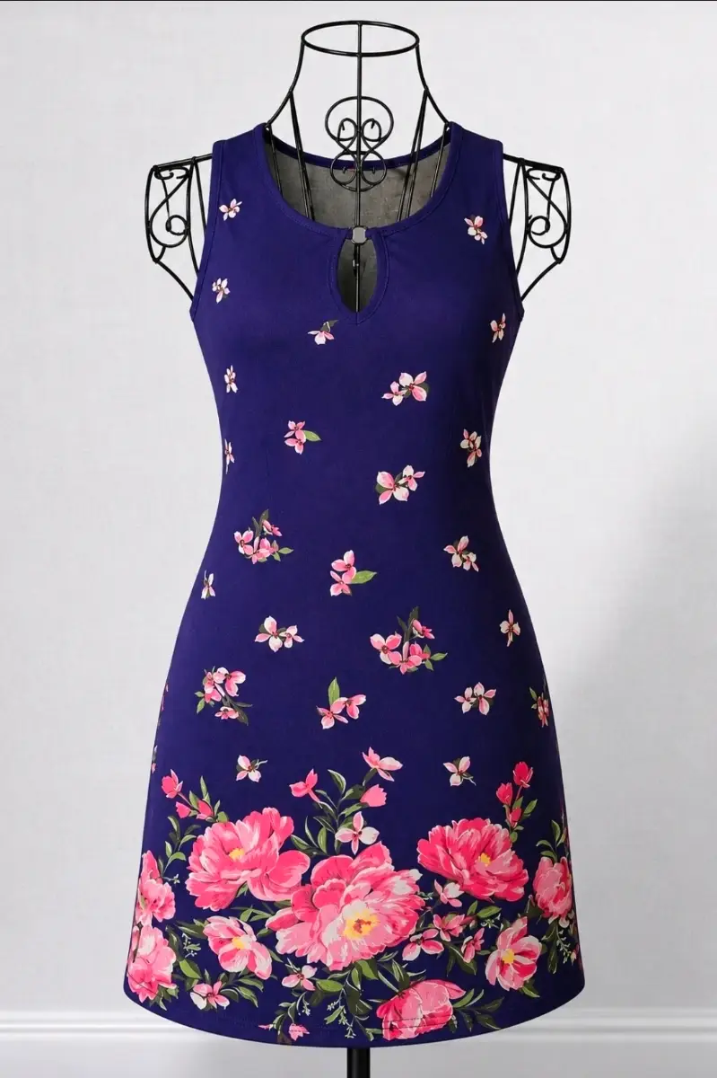 Purple Lightweight Floral Sleeveless Keyhole Neck Shift Dress - Size Small