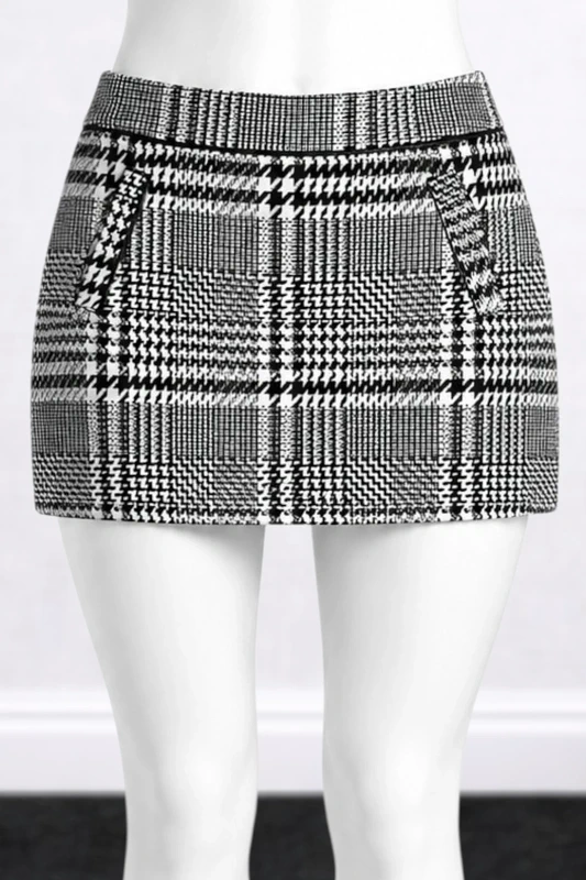 F&F Black White Houndstooth Check Mini Skirt UK 12 Pockets Tweed Plaid Tartan