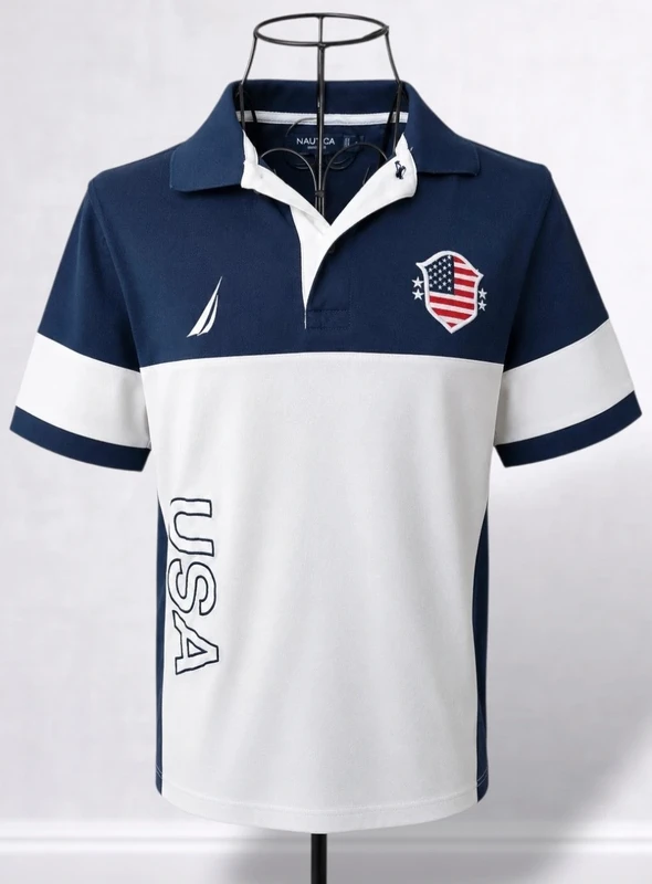 Rare Nautica Men's USA Rugby Cotton Polo Shirt Navy White - Size Small Slim Fit