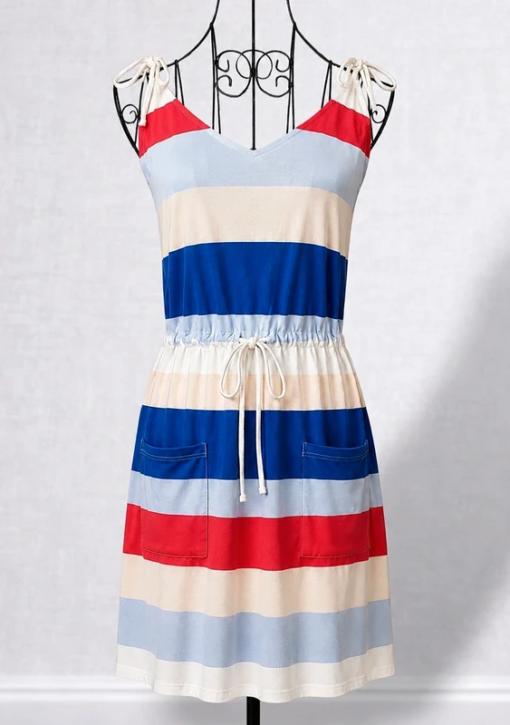 Women's Multicolour Striped Tie Strap Summer Sun Dress - Size Small
