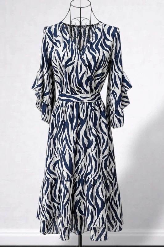 Apricot White and Navy Zebra Print Wrap Dress - Size 8