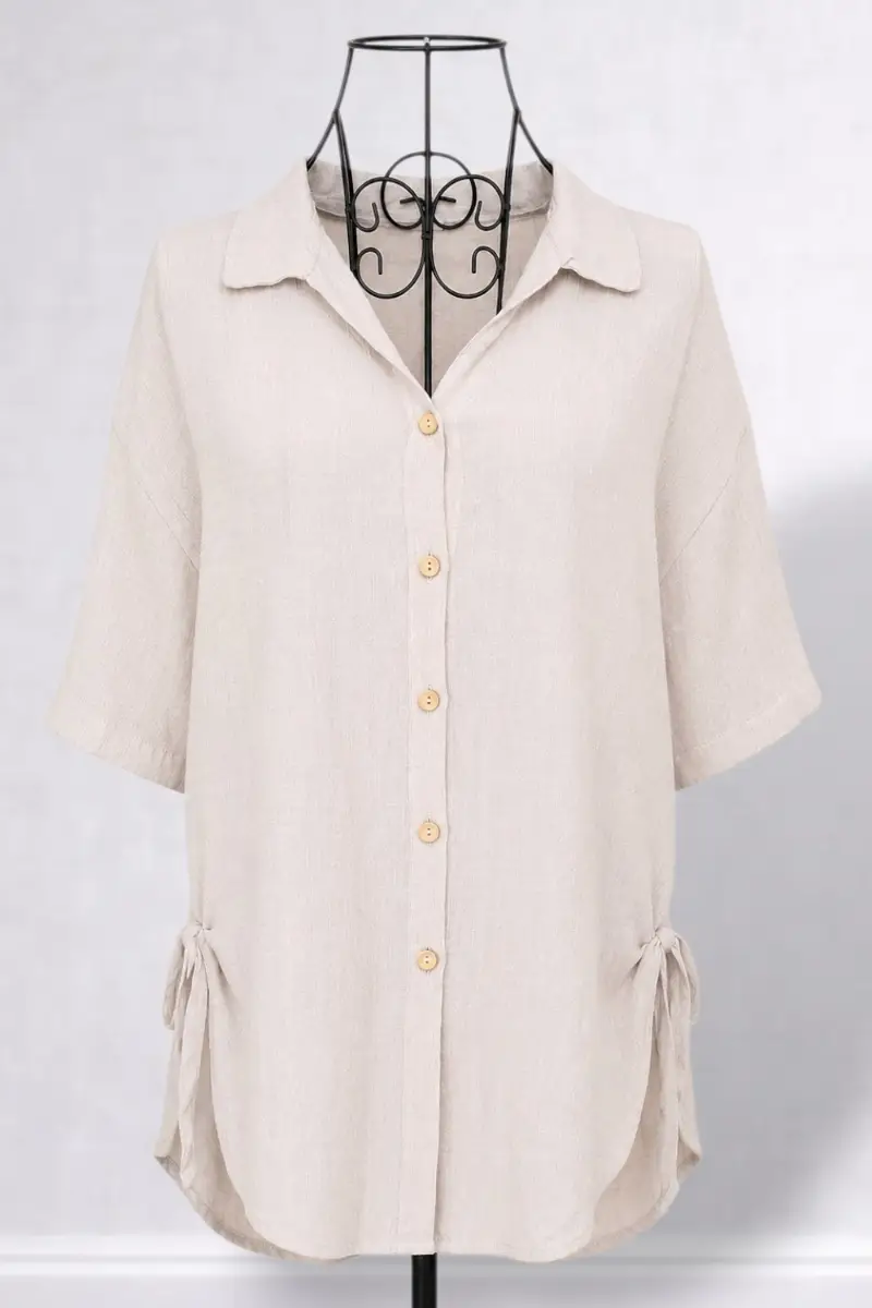 Beige Cotton Blend Button Up Shirt Womens 2XL XXL Linen Look Side Tie Blouse Top