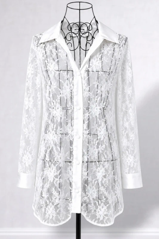 Vintage Victoria's Secret Gold Label Sheer White Lace Button Down Shirt Blouse - Size M/L