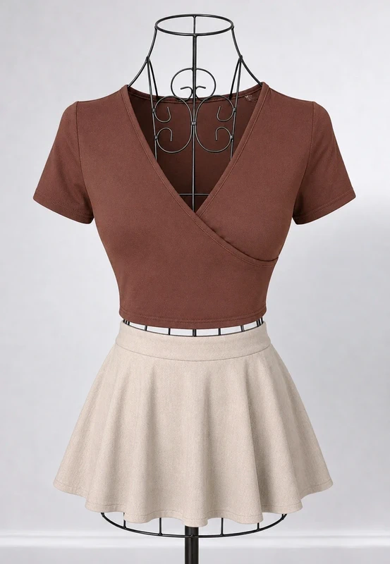Brown Short Sleeve Wrap Front Style Crop Top - Size Large