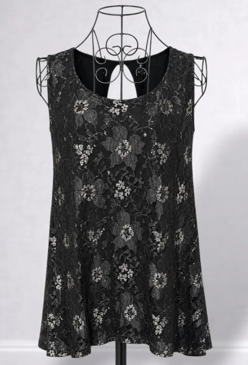 EVANS Black Silver Metallic Shimmer Floral Lace Tunic Top Party Blouse Plus Size 18
