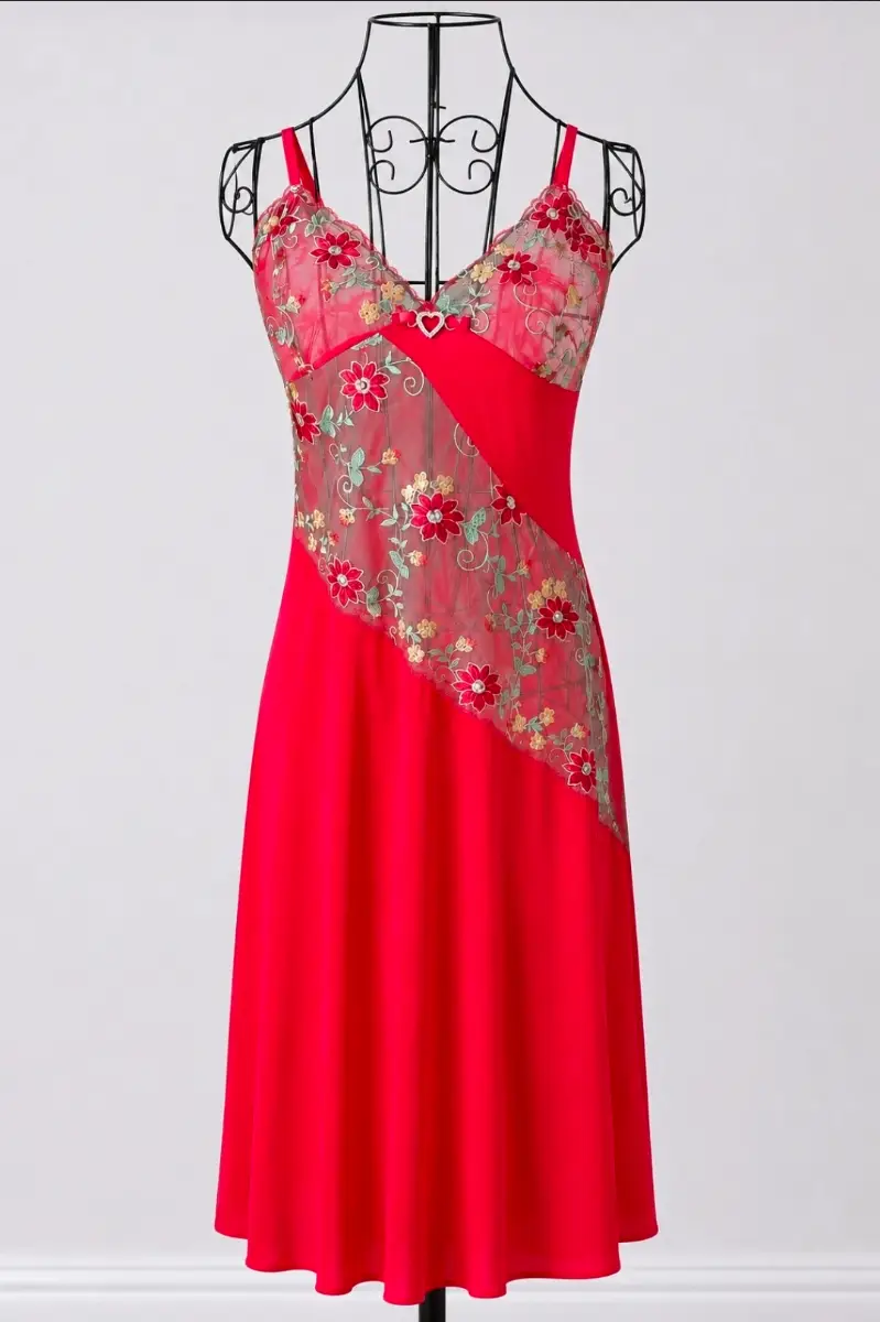 Red Floral Embroidered Sheer Mesh Panels Nightgown Dress Set - Size Medium