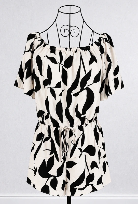 Woman's Off the Shoulder Black and White/Cream Leaf Print Playsuit Romper - Size XL