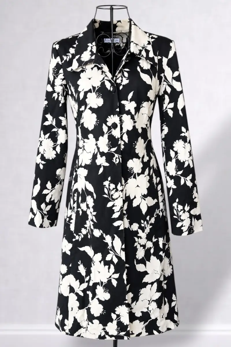 GINA BACCONI Floral Trench Coat Jacket UK 12 Black White Single Breasted Smart