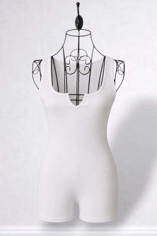 White Sleeveless Ribbed Stretch Romper Playsuit - Size Small