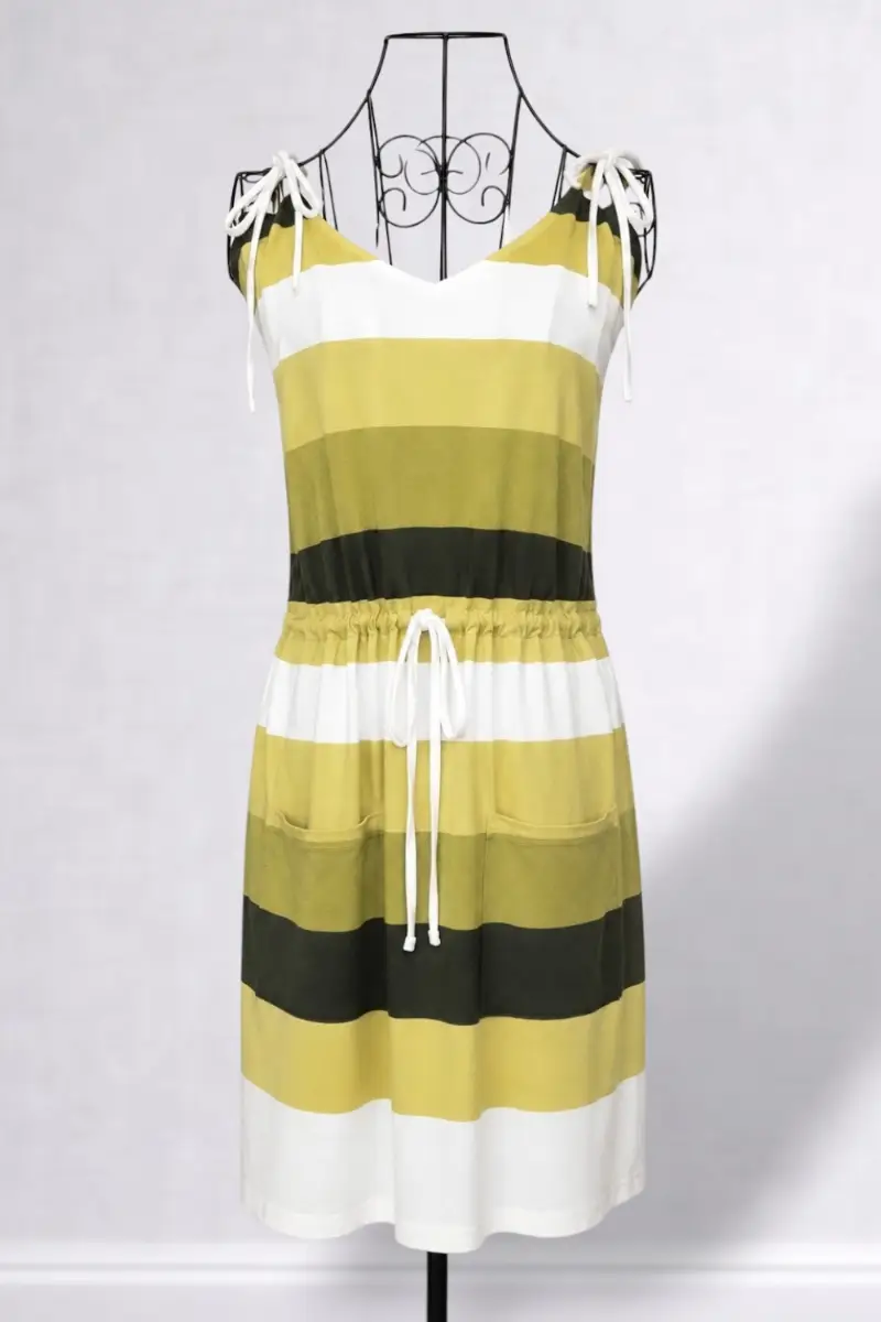 Striped Summer Dress L Large Green Yellow White Tie Shoulder Pocket Casual Sun
