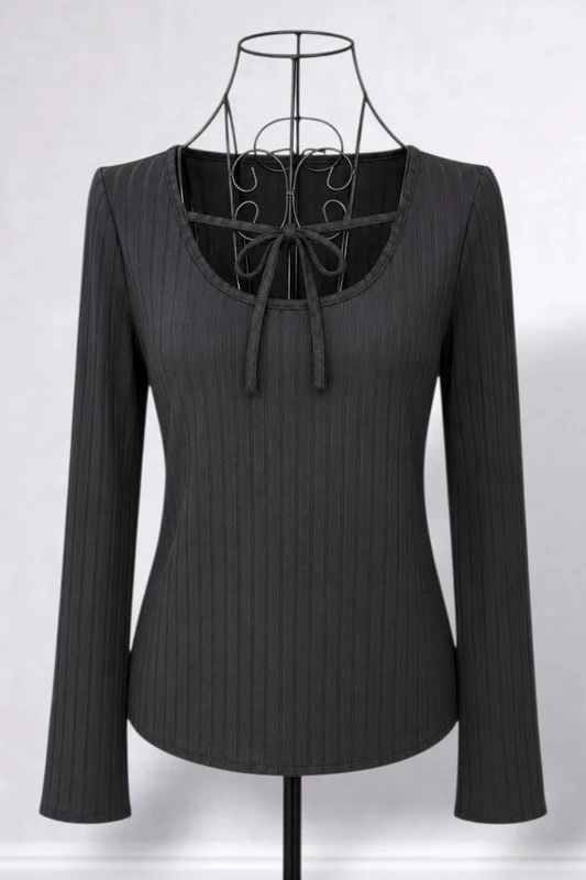 Women’s Black Tie Neck Ribbed Long Sleeve Top - Size Large