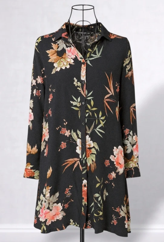 Zara Woman Floral Print Black Long-sleeved Tunic Blouse - Size Small