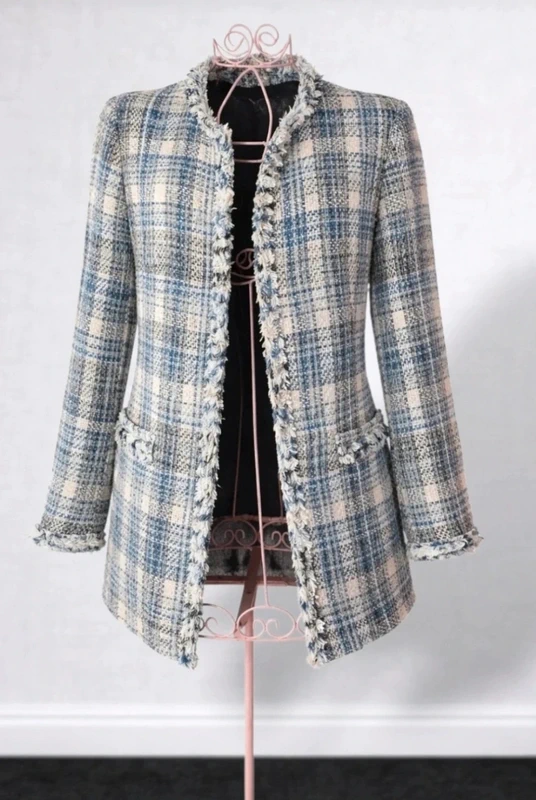 Zara Basic Blue and Cream Tweed Style Oversized Jacket - Size XS