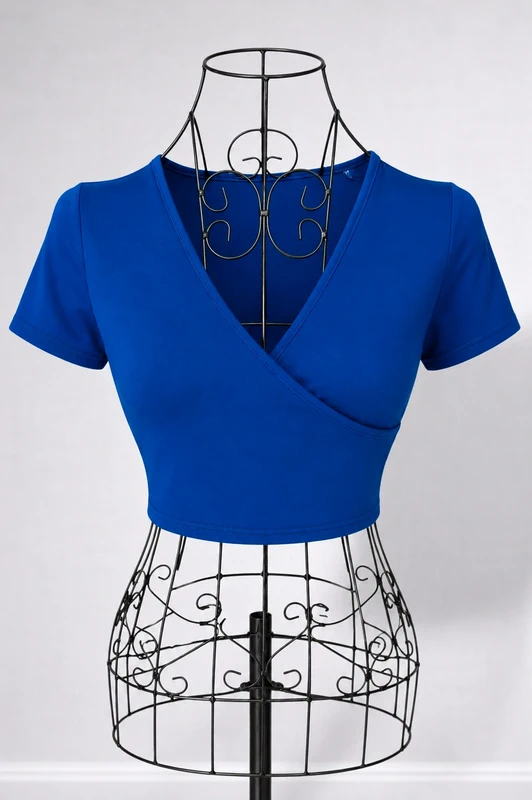 Women's Royal Blue Short Sleeve Wrap Front Style Crop Top - Size Small