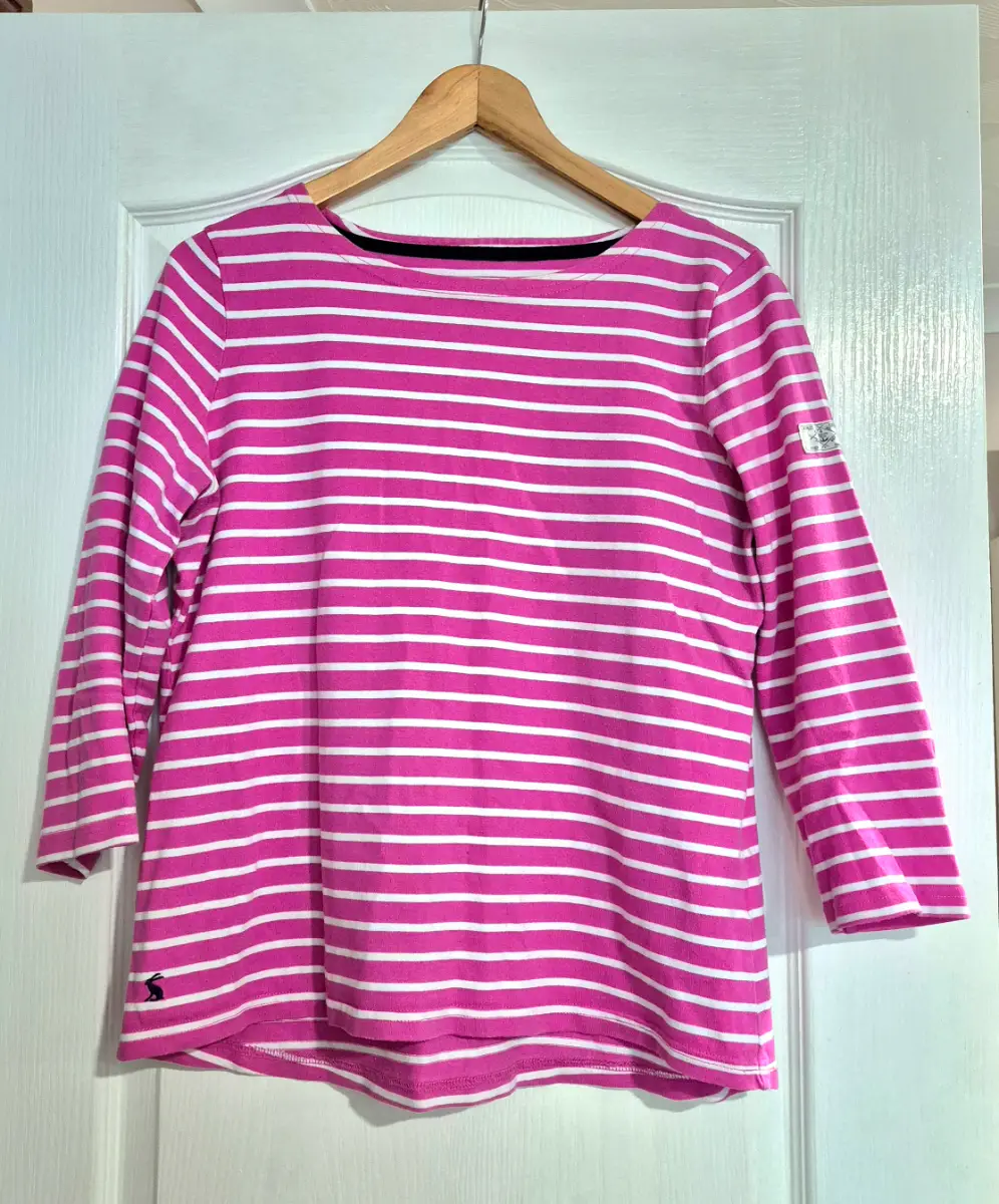 Joules Pink White Breton Stripe Top UK 14 3/4 Sleeve Cotton