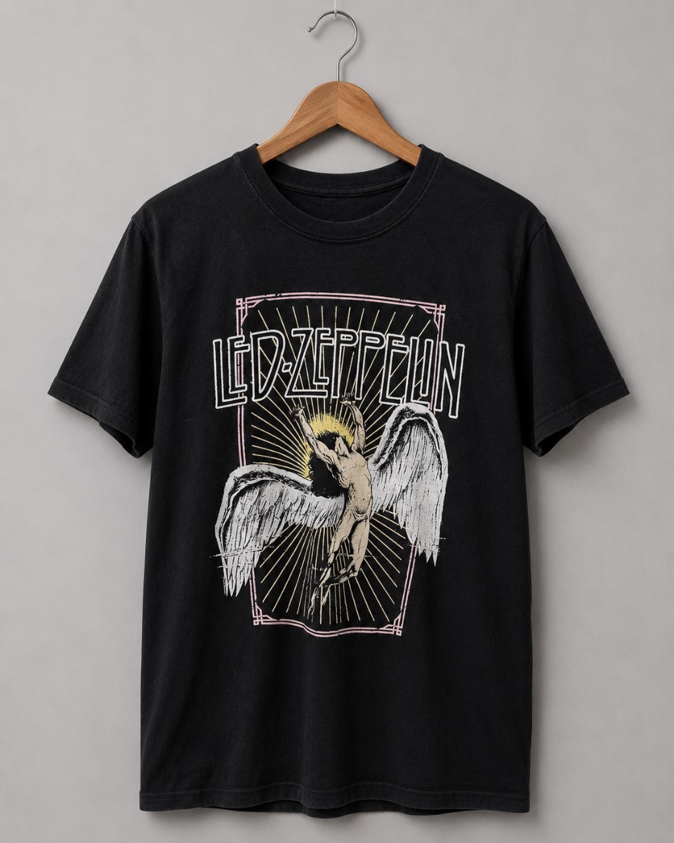 Led Zeppelin Graphic Band T-Shirt Black Short Sleeve Crew Neck Rock Tee Mens