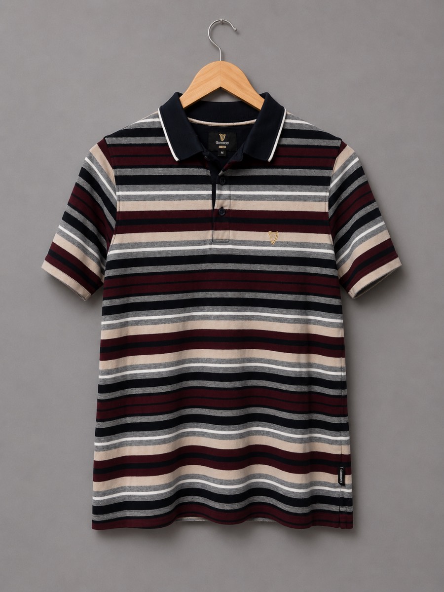 Guinness Mens Polo Shirt Medium M Striped 100% Cotton Navy Burgundy Beige Casual