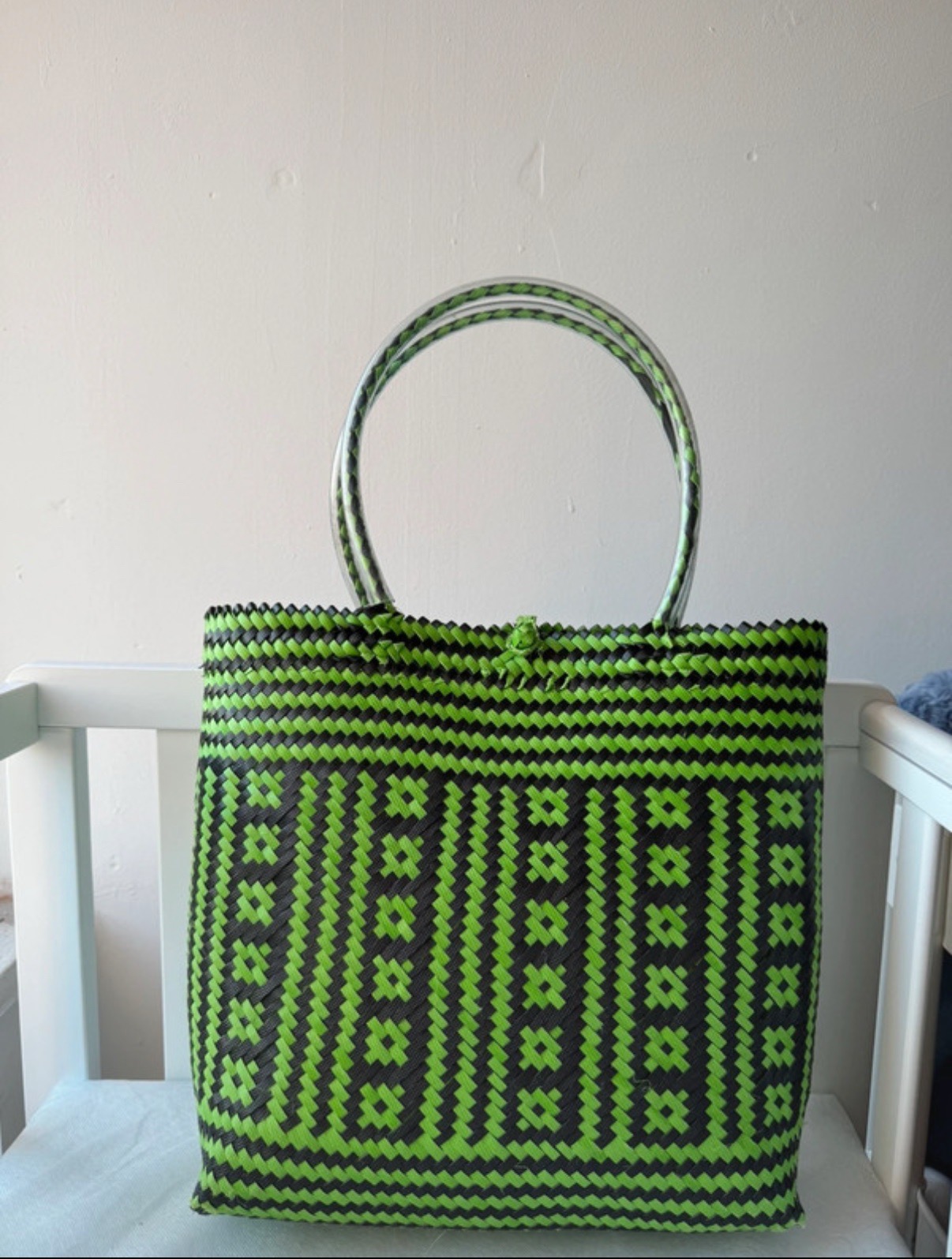Handwoven Bright Green & Black Tote Bag-Ethnic/Boho Pattern – Large Shopper