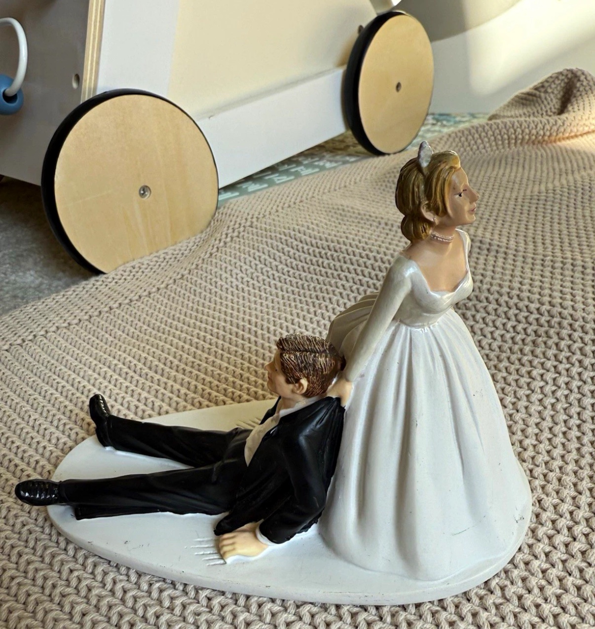 Funny Bride Dragging Groom Wedding Cake Topper / Figurine