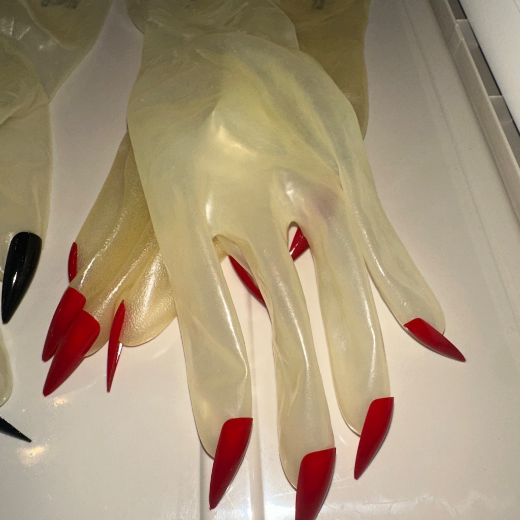 Exotica dress up Oiled Waterproof flesh Latex Long Gloves& long Red Nails ABDL Sz XL