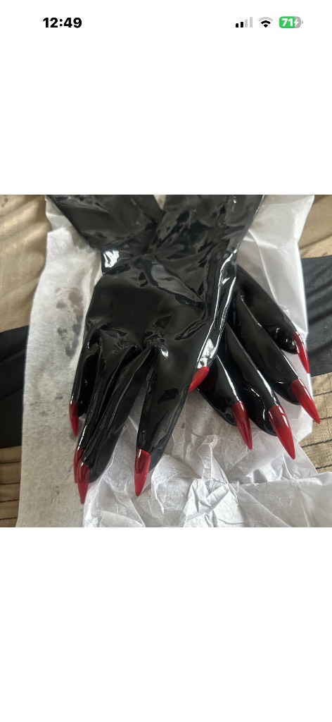 BDSM sissy trans Oiled Waterproof Black Latex Long Gloves& long Red Nails Sz XLdress up