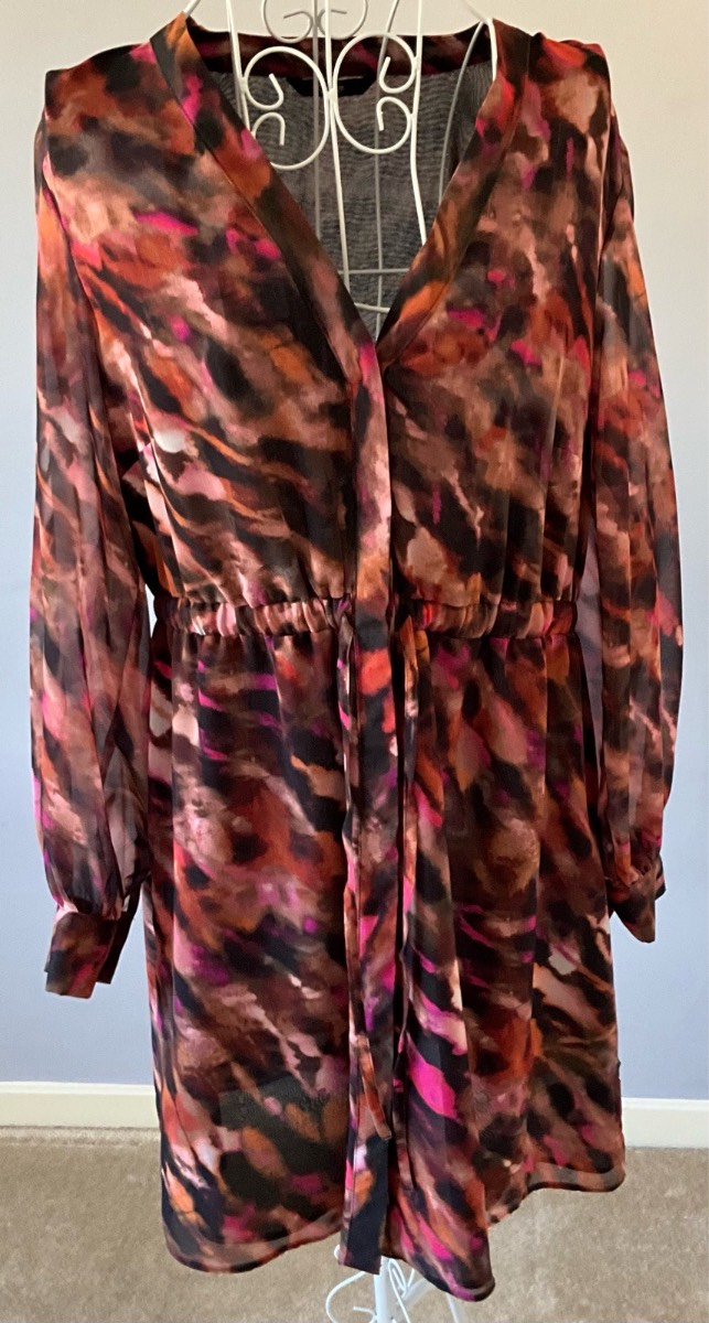 Black and pink multicolour chiffon midi dress size 14 in VGC