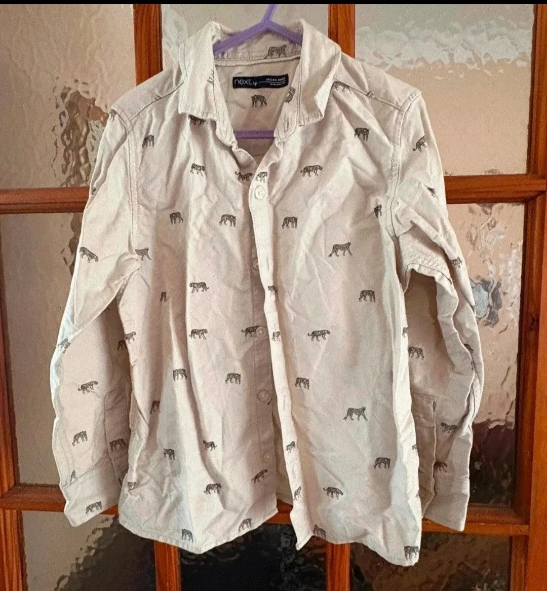 Next Boys Animal Print Long-Sleeve Cotton Shirt (Age 4-5 / 110cm) Beige/Cream