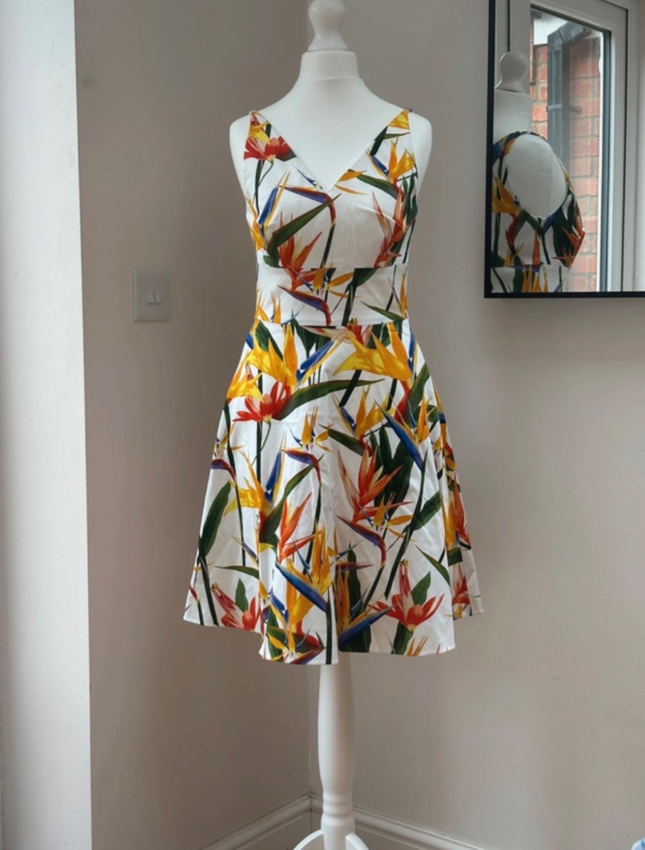 Karen Millen Tropical Floral Fit & Flare Dress -size 8 - Wedding Guest Cotton Occasion Dress