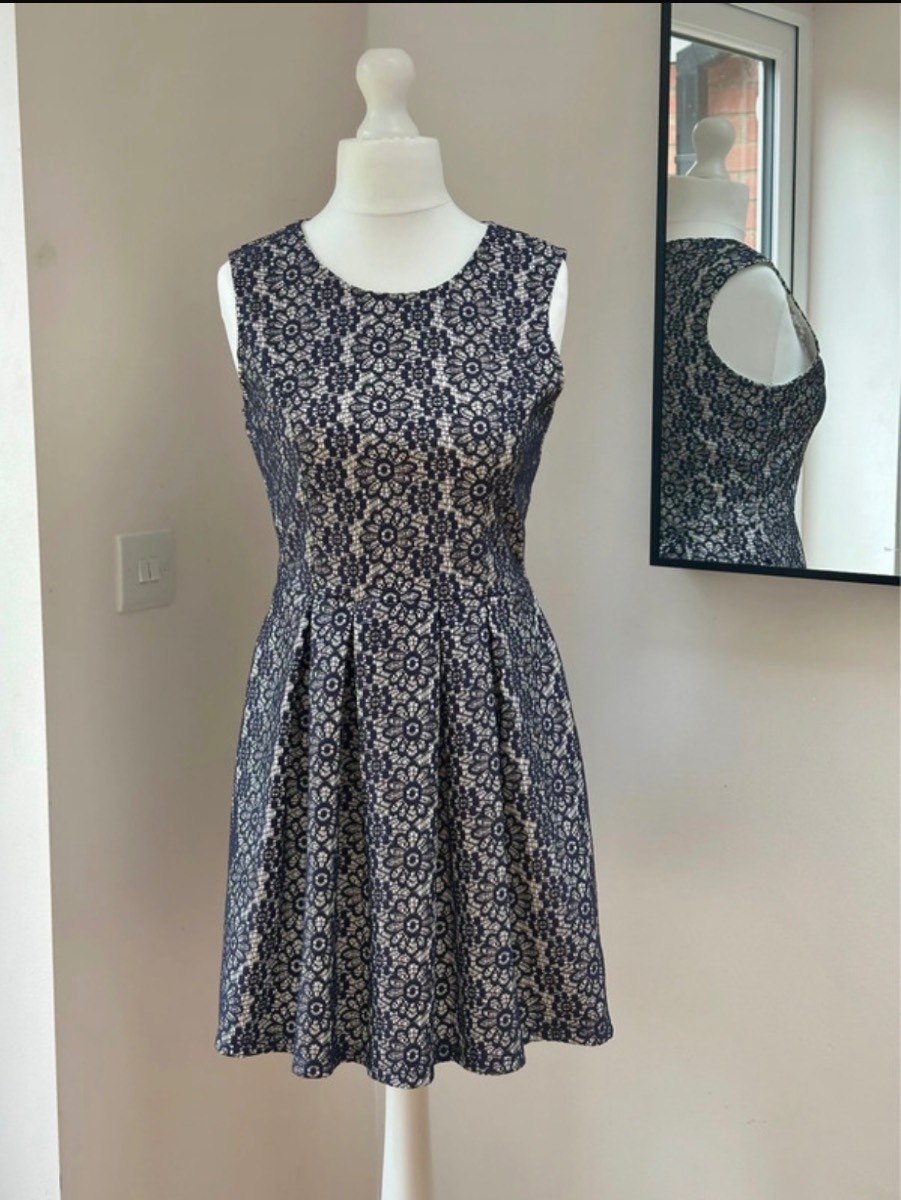 Warehouse Navy Lace Print Skater Dress - size 12 - Fit & Flare Occasion Dress