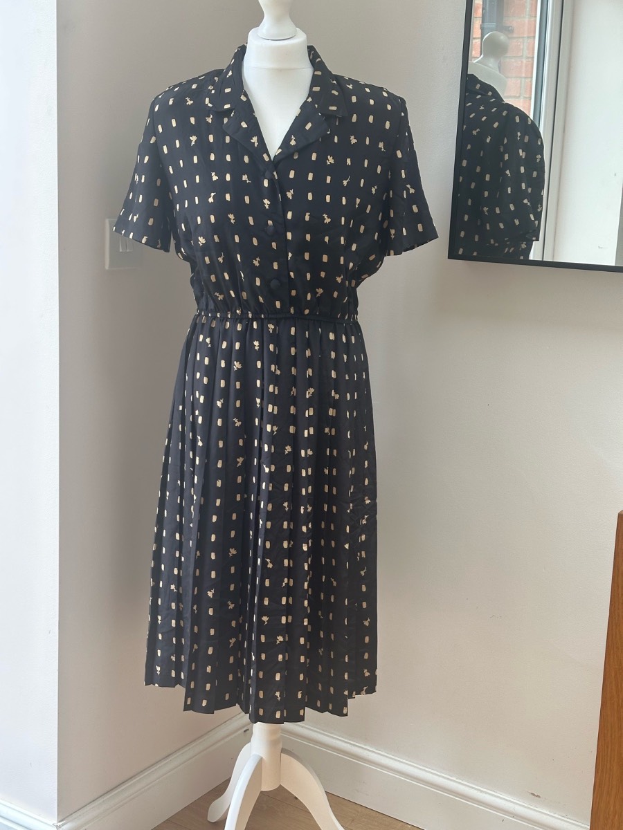 Vintage Leslie Fay Navy Beige Polka Dot Shirt Dress UK 12 Petite - Retro Midi Tea Dress