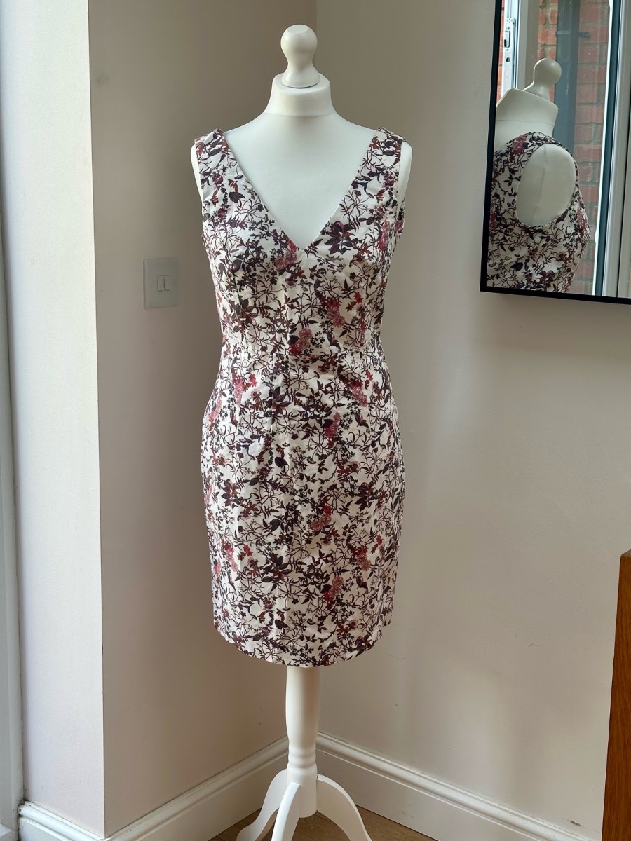 New Look Floral Pencil Wiggle Dress UK size 12 Cotton Stretch Cream Pink Occasion Wedding