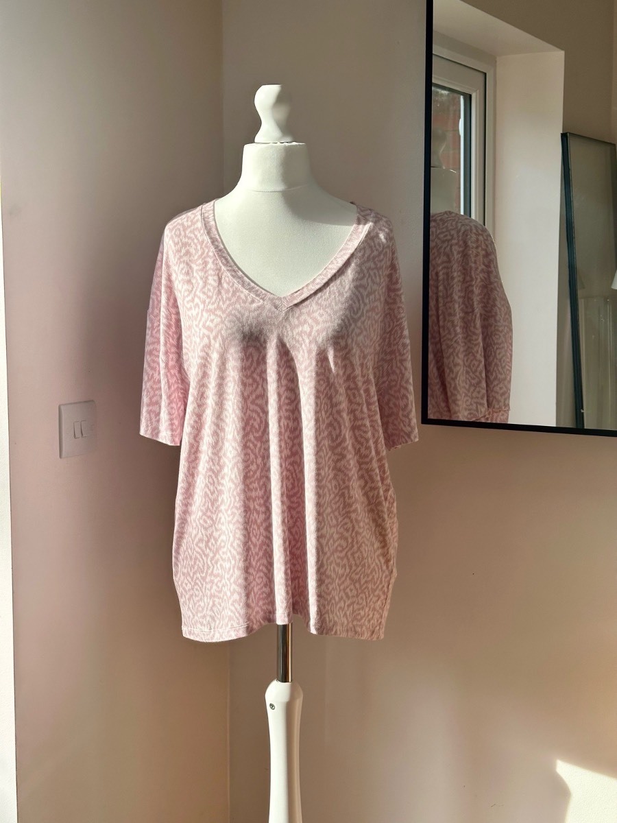 Hush Pink V Neck Jersey Top Size L UK size 16- Soft Stretch