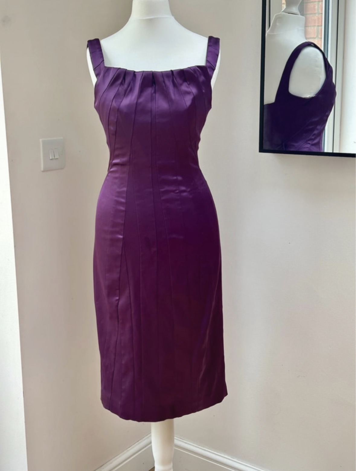 Karen Millen Purple Satin Occasion Dress - size 8 - Bow Back Midi Wedding Guest Cocktail Dress