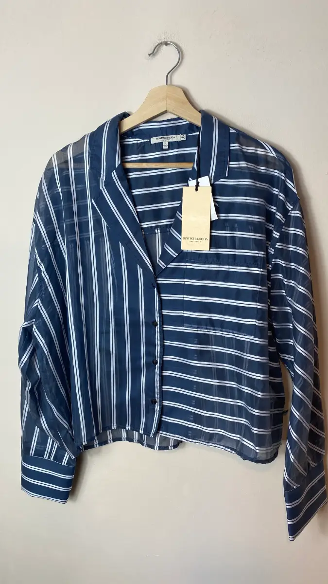 Scotch & Soda cropped sheer blue white stripe oversized shirt size XL