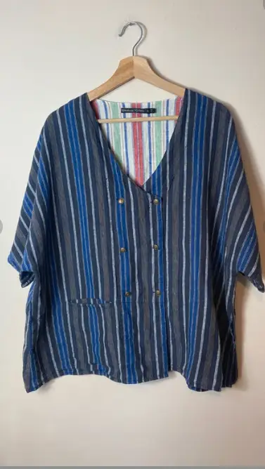 Gudrun Sjoden Jacket Lagenlook Stripe Double Breasted Linen Size XL