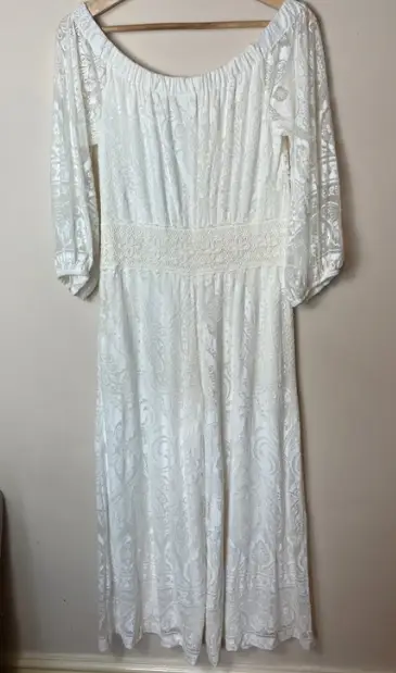 Farm Rio Anthropologie Elliot Off the Shoulder lace style Jumpsuit white size small