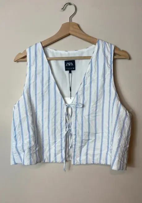 Zara tie front blue white stripe waistcoat crinkle size large BNWT cotton blend