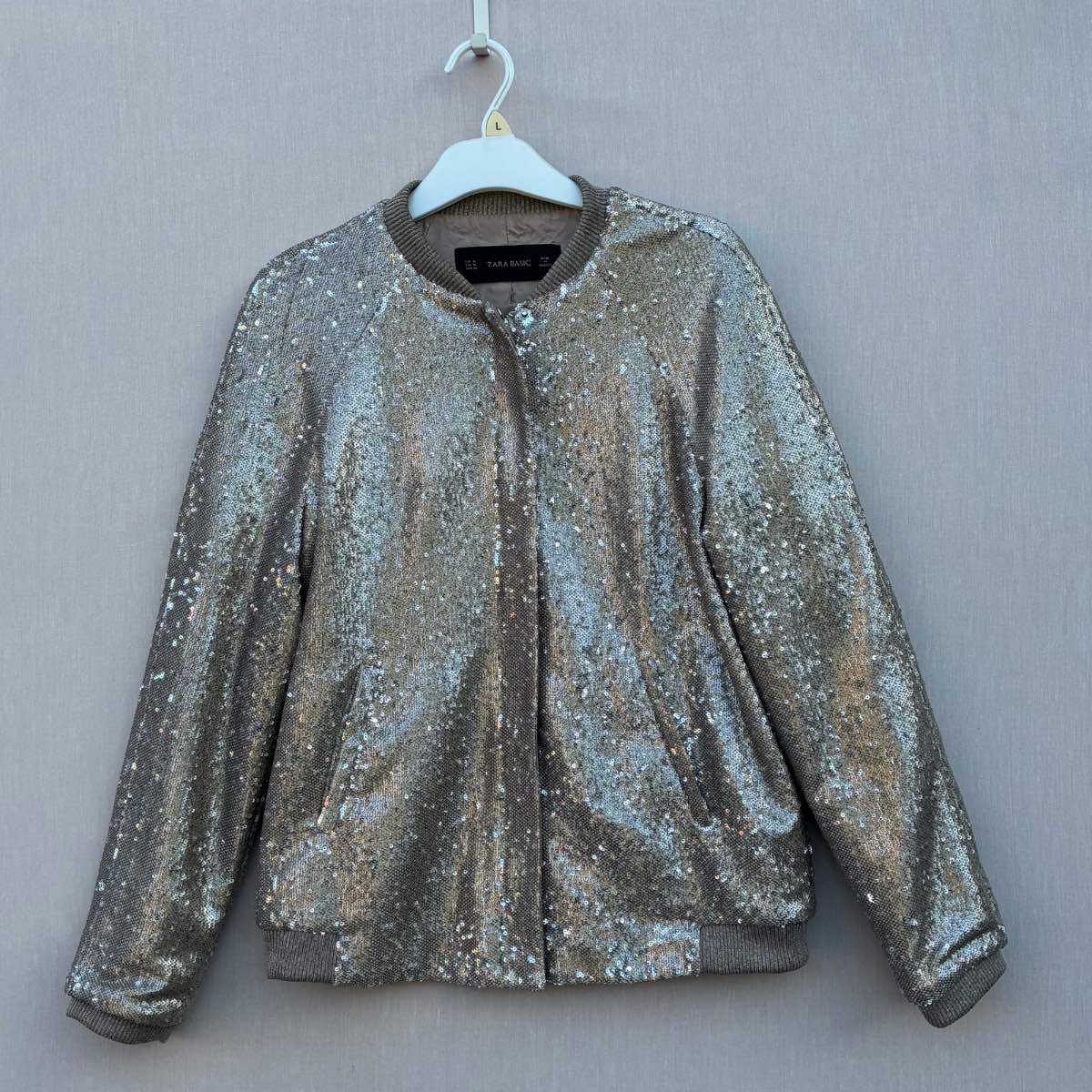 Women’s Sequin Bomber Jacket Zara Basic Silver Glitter Jacket Size M