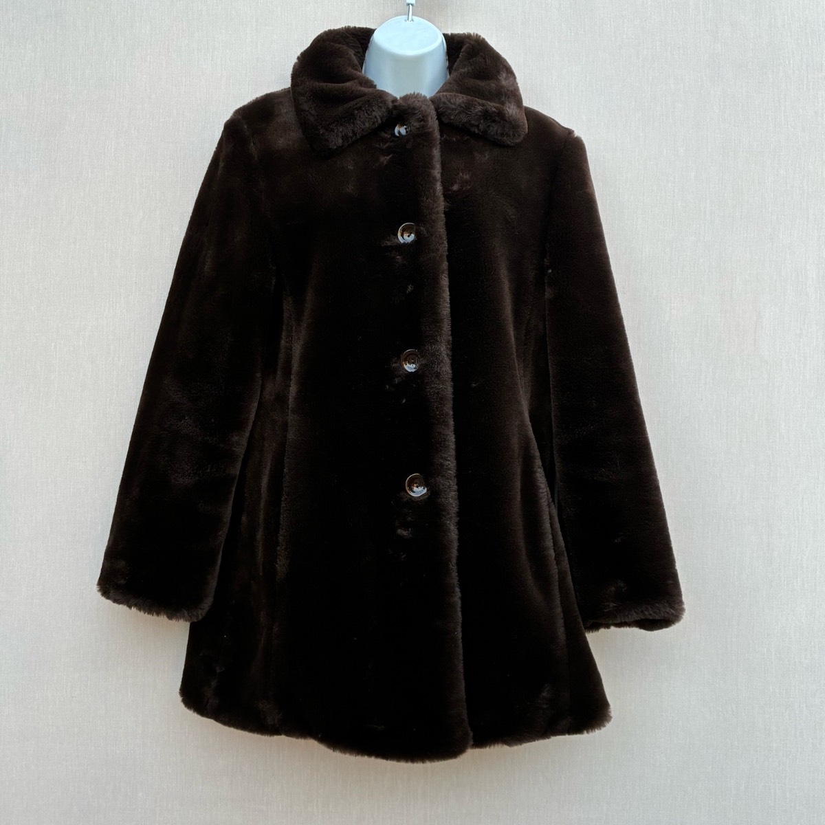 Brown Faux Fur Coat Medium M Button Front Collared Made in Italy